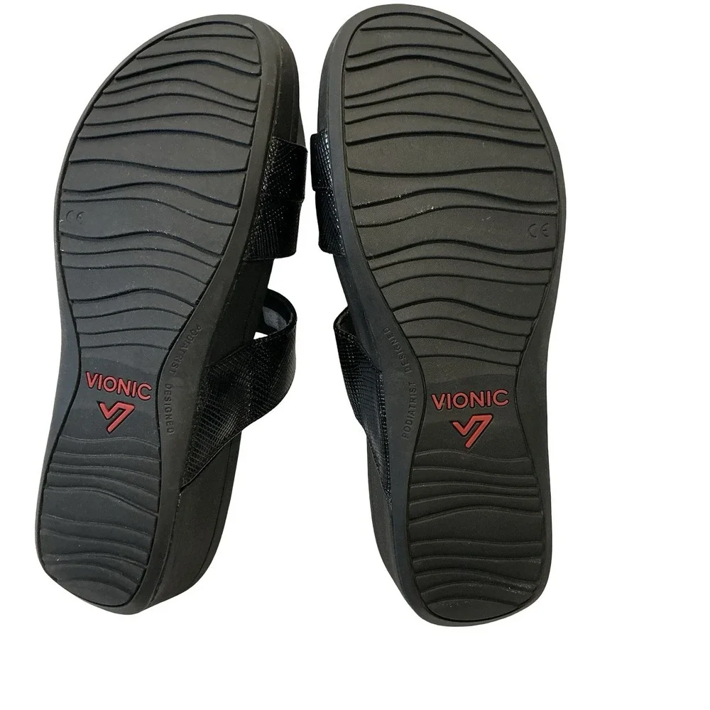 Vionic‎ Sandals Womens Size 11 Black Rio Lizard Skin Slide Buckle Casual Wedge